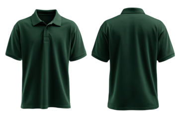 A dark green short-sleeved polo shirt shown from the front and back on a black background This apparel mockup is perfect for showcasing custom designs or branding for casual or sportswear