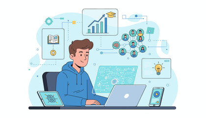 Modern digital illustration of a young man engaged in online learning and artificial intelligence development, surrounded by icons representing education, data, networking, and innovation