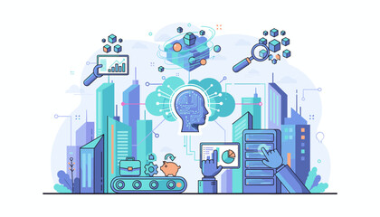 Futuristic AI technology concept with a glowing human head circuit board in the cloud, surrounded by abstract data cubes, magnifying glass, servers, and a cityscape, symbolizing big data analysis