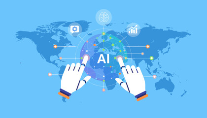Global AI technology and machine learning concept with robotic hands interacting with a digital earth globe, symbolizing artificial intelligence, data analysis, and future innovation on a world map