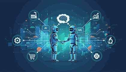 Futuristic digital illustration depicting two advanced robots, one labeled AI and the other ML, shaking hands in a collaborative gesture, symbolizing the synergy between artificial intelligence and