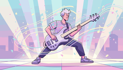 Dynamic bass guitarist performing on stage with a vibrant, pastel-colored background featuring abstract musical notes, confetti, and city skyline silhouettes, capturing the energy of a live music