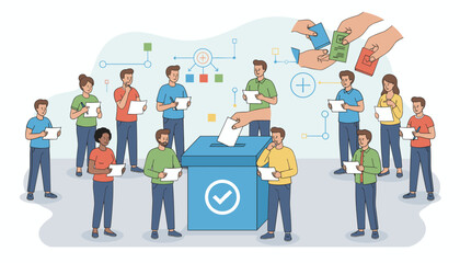 Diverse group of people casting votes in a blue ballot box, symbolizing democratic elections and civic participation, with abstract flowchart elements in the background, representing decision-making