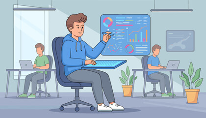 Modern office scene with three men analyzing data on laptops and a large digital screen displaying charts and graphs, representing teamwork, business intelligence, and technology in a contemporary