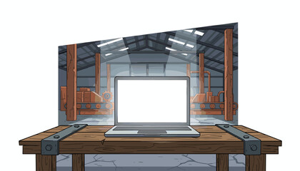 Blank white laptop screen on a rustic wooden table in a dimly lit industrial factory setting, with conveyor belts and machinery visible in the background, symbolizing technology and industry.
