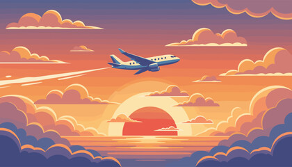 Captivating vector illustration of a commercial airplane soaring through a vibrant sunset sky, surrounded by dramatic, colorful clouds over a serene body of water, evoking a sense of travel and