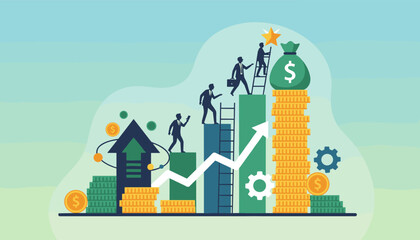 Conceptual illustration of business growth and financial success, depicting a career ladder with silhouetted figures ascending towards a money bag and a golden star, symbolizing profit, investment
