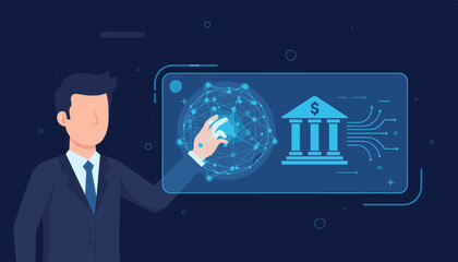 Businessman interacting with a futuristic holographic interface displaying a digital banking icon, a network of connections, and data flow, representing financial technology and online services in a