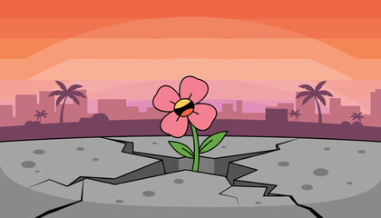 A vibrant pink flower with a yellow center pushes through a large crack in a grey, concrete street, symbolizing resilience and hope against urban decay, with a stylized city skyline and palm trees