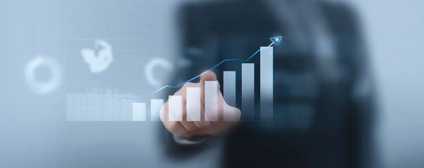 Global sales increase, Business leader illustrates expanding global markets and increasing revenue through advanced digital overlay