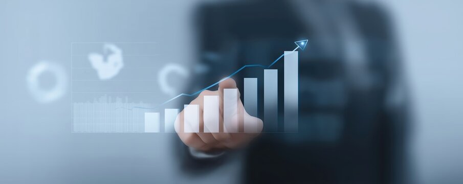 Global sales increase, Business leader illustrates expanding global markets and increasing revenue through advanced digital overlay - Powered by Adobe