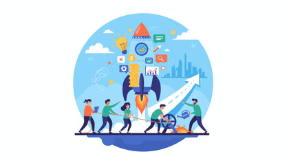 Vibrant illustration depicting a diverse team of entrepreneurs collaborating to launch a startup project, symbolized by a rocket ascending towards a cityscape, representing growth, innovation, and