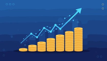 Vibrant financial stock market graph with an upward trending arrow and stacks of golden coins, symbolizing economic growth, investment success, and profitable financial planning against a deep blue