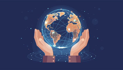 Two cupped hands gently cradle a glowing, interconnected digital sphere representing the Earth, symbolizing global connectivity, technology, and the future of communication in a dark, starry expanse