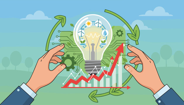 Innovative hands interact with a glowing light bulb symbolizing renewable energy solutions, featuring wind turbines, solar power, and water drops, set against a backdrop of growth charts and circuit