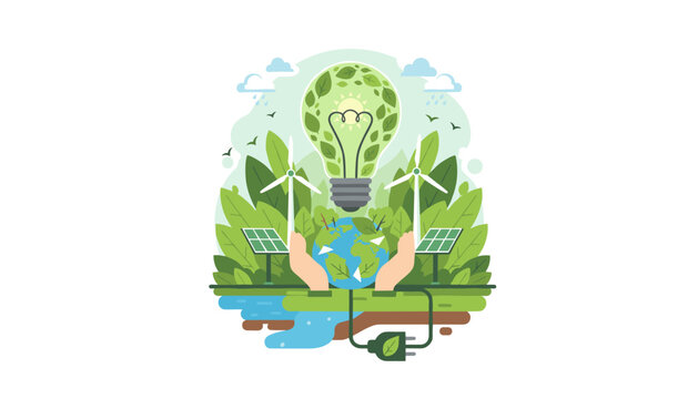 Vibrant illustration showcasing the concept of environmental technology and sustainable development, featuring a lightbulb filled with green leaves, hands holding the Earth, wind turbines, solar