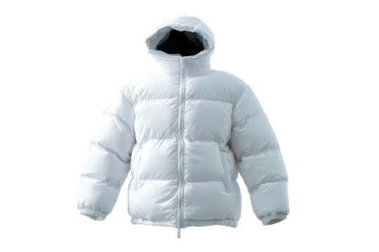 A stylish white winter puffer jacket with a hood zipped up for warmth and comfort shown against a stark black background