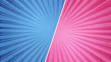 Vibrant Blue and Pink Comic Pop Art Sunburst Background with Halftone Dots, ideal for Gender Reveal announcements, versus concepts, or party invitations.