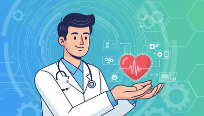 A smiling male doctor in a white coat and stethoscope holds a vibrant red heart with a cardiogram in his outstretched hands, surrounded by futuristic medical technology icons and circuit board