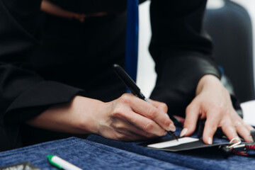 Checking in on conference congress forum event, registration desk table, visitors and attendees...
