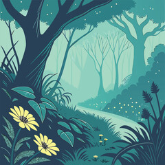 Enchanting forest path with glowing flowers and lush green foliage in a mystical teal and dark blue color palette seamless pattern with trees and flowers
