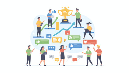 Diverse group of people actively engaged in a collaborative work environment, leaving feedback and comments, celebrating success with a trophy, and utilizing digital devices for communication and