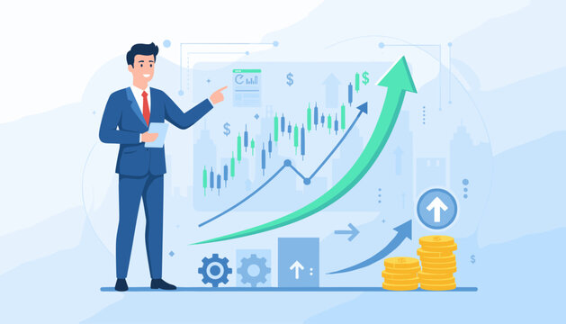 A businessman in a suit points to a rising stock market graph, symbolizing business growth and financial success, with stacks of coins and upward arrows indicating positive trends and investment
