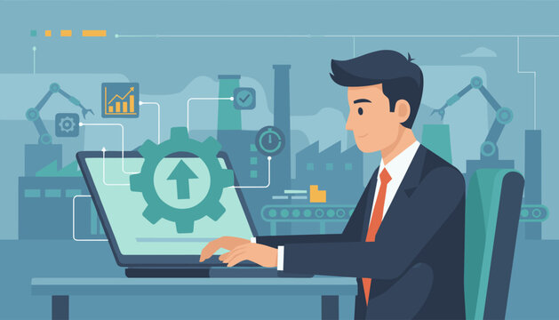 Modern business man in suit working on laptop, visualizing industrial automation and productivity growth with gears, charts, and robotic arms in a factory setting, symbolizing technological - Powered by Adobe