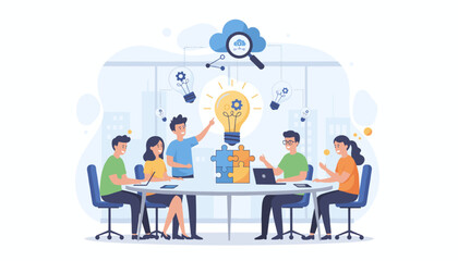 Diverse team of professionals collaborating around a table, brainstorming innovative business ideas symbolized by a glowing lightbulb and puzzle pieces, with cloud technology and search magnifying
