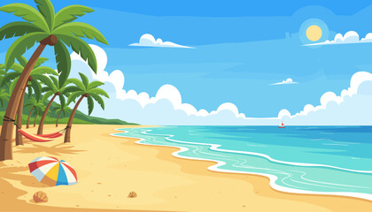 Vibrant and serene tropical beach scene with gentle turquoise waves lapping the golden sand, palm trees swaying, a colorful beach umbrella, shells, a hammock, and a sailboat on the horizon under a