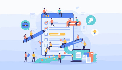 Modern concept of teamwork and collaboration for completing tasks and forms, with small people interacting with a giant checklist and pen, symbolizing project management and efficiency in business.