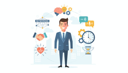 Fototapeta premium A smiling businessman in a suit stands at the center of a circular infographic illustrating key personal attributes and business concepts like networking, communication, time management, health, and