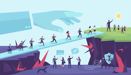 Giant supportive hand guides diverse business people across a dangerous chasm on a narrow bridge, symbolizing mentorship, teamwork, and overcoming challenges towards success and a bright future.
