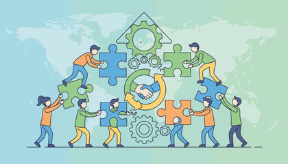 Diverse team of people collaborating to assemble a large puzzle, symbolizing teamwork, partnership, and shared goals, with gears and a handshake graphic representing business strategy and success on