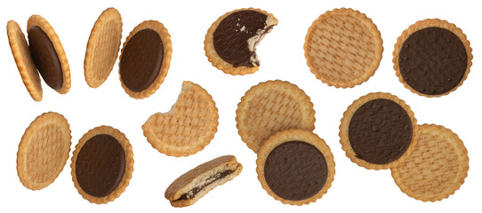 Chocolate filled sandwich biscuit collage set, isolated against transparent background