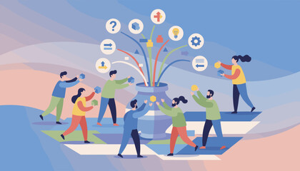 Abstract vector illustration depicting a diverse group of people collaboratively contributing ideas and making choices, symbolized by colorful blocks and icons representing questions, direction, and