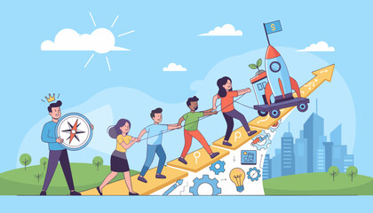 Diverse team of people working together, pulling a rocket ship on a cart up a rising arrow graph, symbolizing business growth, teamwork, innovation, and achieving success, with a compass indicating