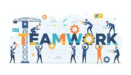 Vibrant vector illustration depicting a diverse team of businessmen collaborating to build the word TEAMWORK, symbolizing unity, cooperation, and shared goals in a modern business environment with