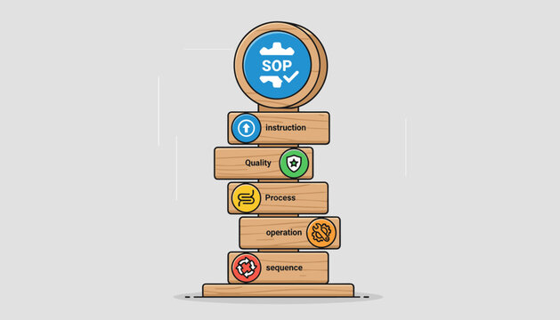 Standard Operating Procedure (SOP) concept illustration, visually representing key elements like instructions, quality assurance, process flow, operational efficiency, and sequential steps through