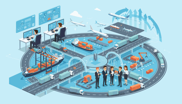 Global transportation and logistics network distribution, showcasing seamless integration of sea, air, and land freight with advanced technology, data analysis, and business professionals overseeing