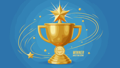 Golden 3D Trophy Cup Award with a Shining Star on Top, Symbolizing Victory and Achievement, Surrounded by Swirling Golden Ribbons and Stars on a Vibrant Blue Background, Representing Success and