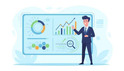 A smiling businessman in a suit presents a digital dashboard filled with analytical reports, research results, charts, graphs, and SEO data, showcasing business growth and data visualization for a
