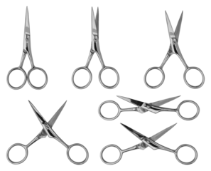 Set of opening pair of stainless steel scissors for personal grooming with stainless text written, isolated against a transparent background