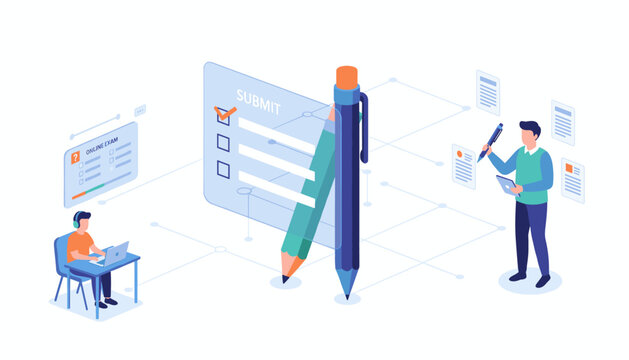 Isometric 3D illustration of a digital online exam submission process, featuring a student with headphones and laptop, a large pencil and pen interacting with a checklist form, and a person reviewing