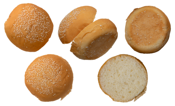 Set of roughly cut sesame seed burger buns from different angles, scattered against a transparent background