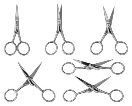 Set of opening pair of stainless steel scissors for personal grooming with stainless text written, isolated against a transparent background - Powered by Adobe