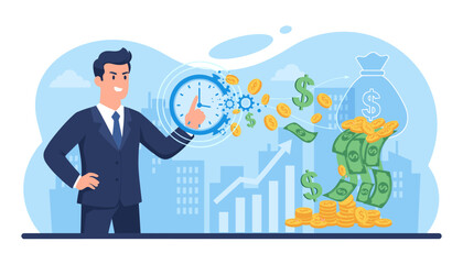 Financial concept illustration of a businessman interacting with a clock mechanism, symbolizing time management and efficiency, with money flowing into a bag and stacks of coins, representing