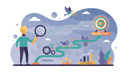 Conceptual illustration of business strategy and achievements, featuring a person with a lightbulb head holding a magnifying glass, gears, a winding path, trophies, a target representing goals and