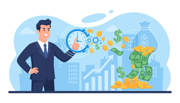 Financial concept illustration of a businessman interacting with a clock mechanism, symbolizing time management and efficiency, with money flowing into a bag and stacks of coins, representing