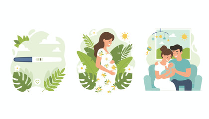A triptych illustrating the journey of pregnancy and new motherhood: a positive pregnancy test surrounded by lush greenery, a smiling pregnant woman cradling her belly amidst tropical leaves, and a